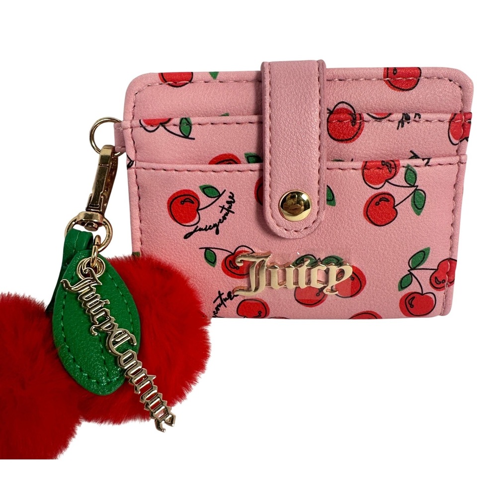 Juicy Couture Card Case Wallet Womens Pink Cherry Print Pom Keychain Excellent‎